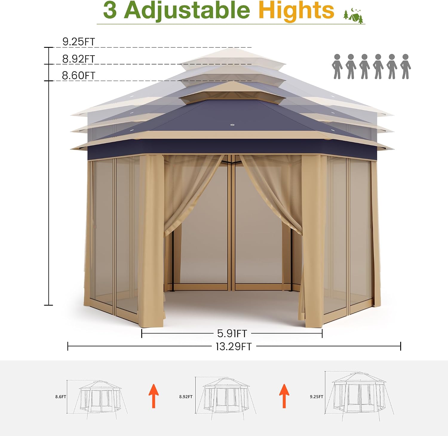 13x13 Pop Up Gazebo Outdoor Hexagonal Canopy Tent with Mosquito Netting Sides Instant Patio Canopy Shelter, Rain & UV Resistant PA Coated Fabric, for Patios, Garden, Parties, Lawns Backya