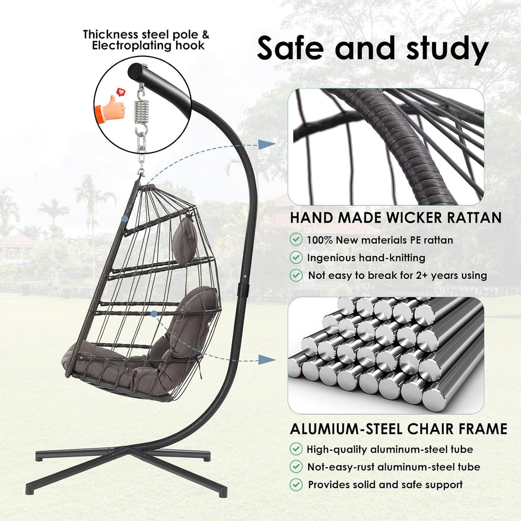 XIAO WEI Egg Chair with Stand - Patio Rattan Wicker Hanging Swing Egg Chair Hammock Chair for Indoor Outdoor Bedroom Garden - Aluminum Steel Frame and UV Resistant Cushion 350LBS Capacity (Dark Grey)