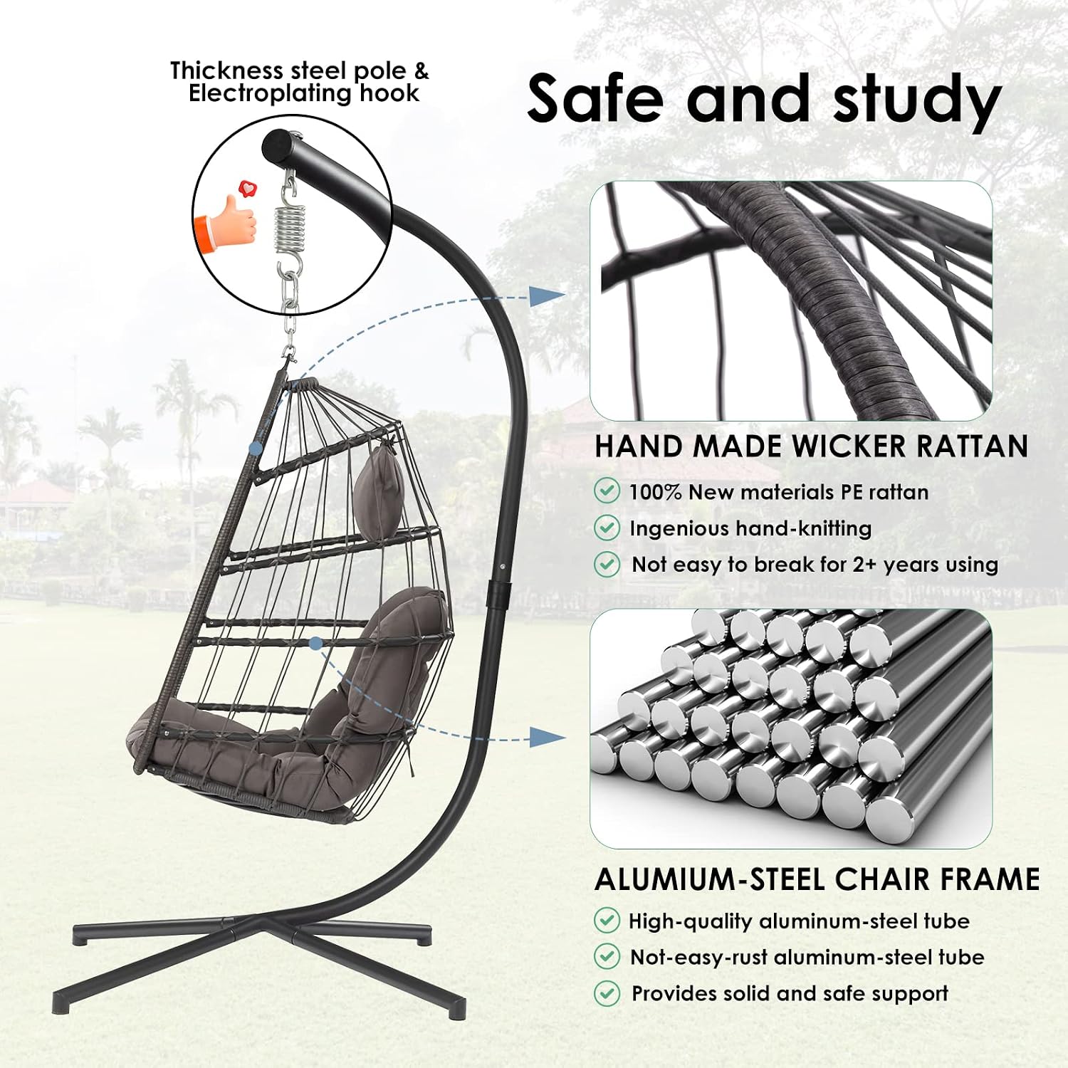 XIAO WEI Egg Chair with Stand - Patio Rattan Wicker Hanging Swing Egg Chair Hammock Chair for Indoor Outdoor Bedroom Garden - Aluminum Steel Frame and UV Resistant Cushion 350LBS Capacity (Dark Grey)