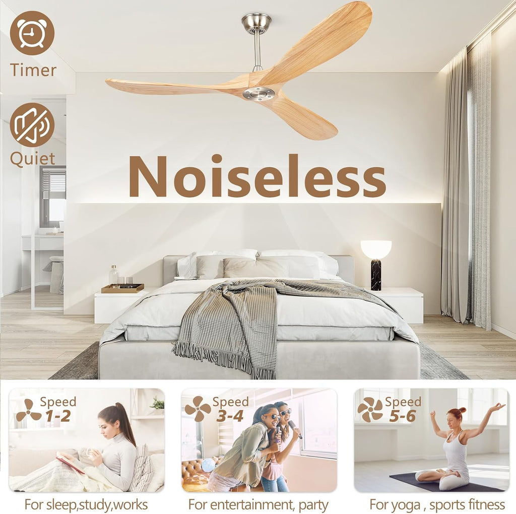 60' Ceiling Fans Without Lights, Wood Ceiling Fan with Remote Control No Light, Outdoor Propeller Ceiling Fan with 3 Blades,Brushed Nickel Outdoor Ceiling Fans for Patios (Nature Wood)