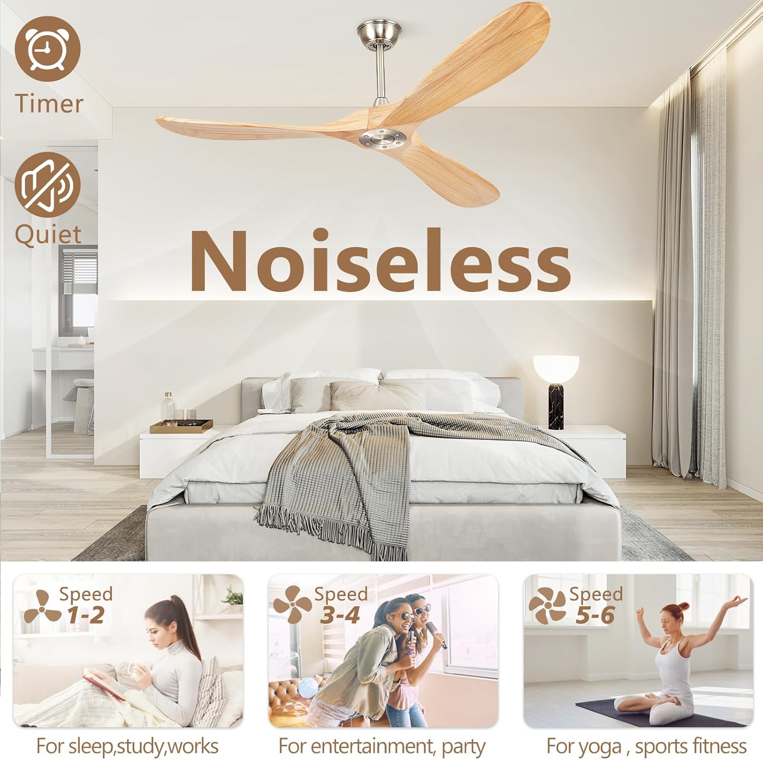 60' Ceiling Fans Without Lights, Wood Ceiling Fan with Remote Control No Light, Outdoor Propeller Ceiling Fan with 3 Blades,Brushed Nickel Outdoor Ceiling Fans for Patios (Nature Wood)