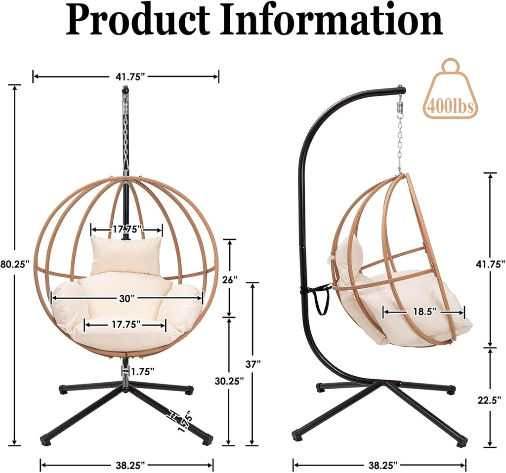 Egg Chair with Stand, Egg Swing Chair with Stand Outdoor, Outdoor Indoor Egg Swing Chair with Cushion Headrest for Patio, Porch, Balcony, Bedroom, Beige