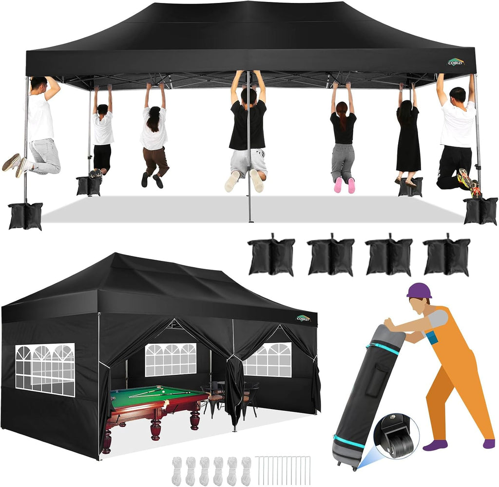 COBIZI 10x20 Canopy with Sidewalls, Heavy Duty Party Tent Pop up Canopy, Tents for Parties, Wedding, Outdoor Easy up Foldable Portable Canopy Tent with Wheeled Bag, Black(Windproof Upgrade)