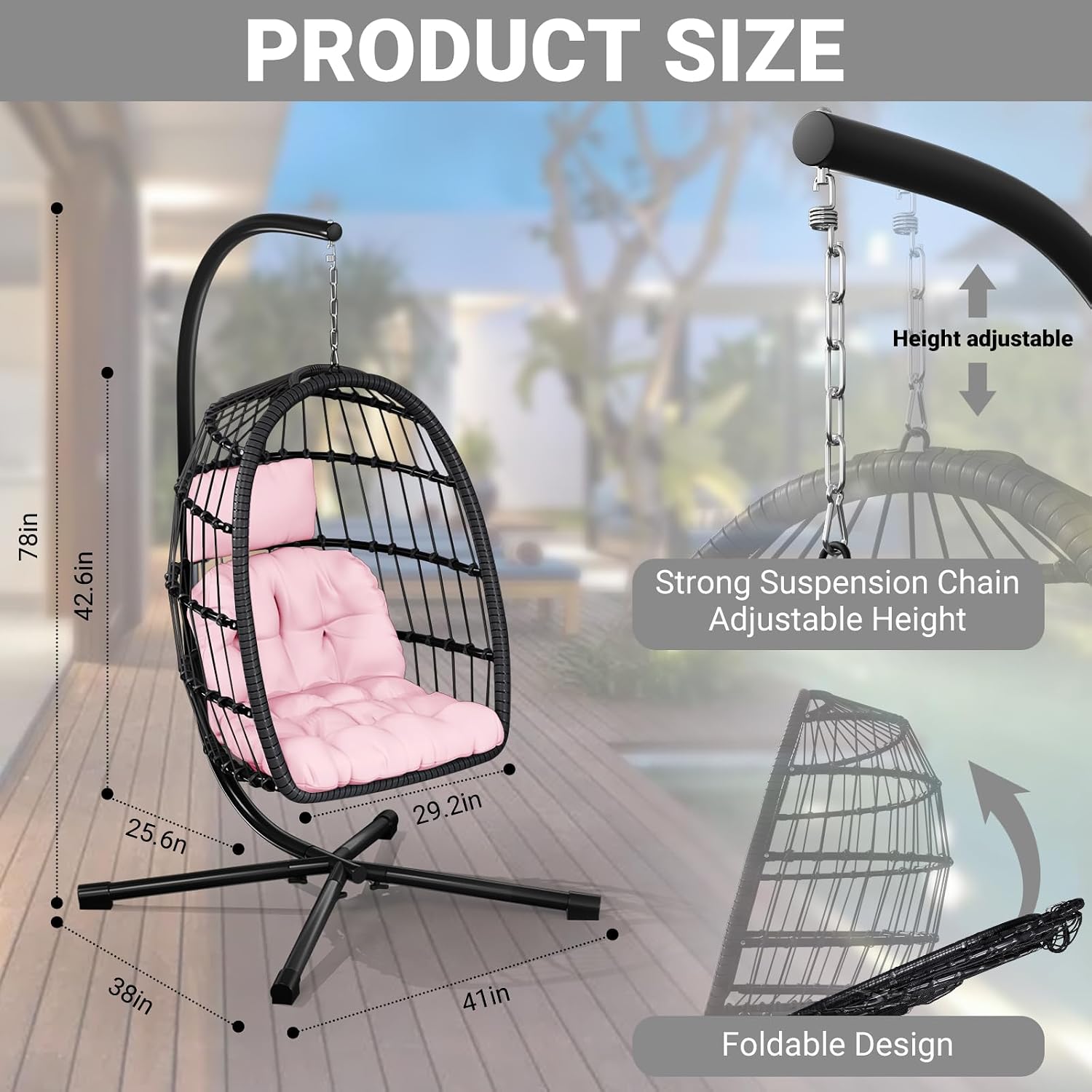 CHABATREE Egg Chair with Stand,Patio Rattan Wicker Hanging Swing Egg Chair Hammock Chair for Bedroom Porch Garden,Thickened Aluminum Alloy Steel Frame and UV Resistant Cushion,350LBS Capacity