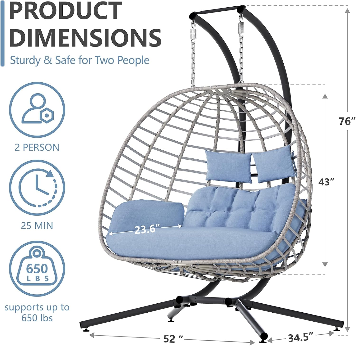 SWITTE Double Egg Swing Chair with Stand, Outdoor Patio 2 Person Hanging Wicker Hammock Chairs with Cushion for Indoor Bedroom, Lawn, Garden-Light Blue