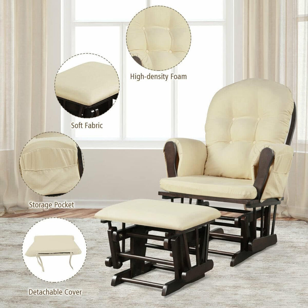 Costzon Nursery Glider with Ottoman, Upholstered Comfort Glider Rocker with Padded Cushion, Storage Pocket, Solid Wood Base, Rocking Chair Nursery for Breastfeeding, Napping (Beige)