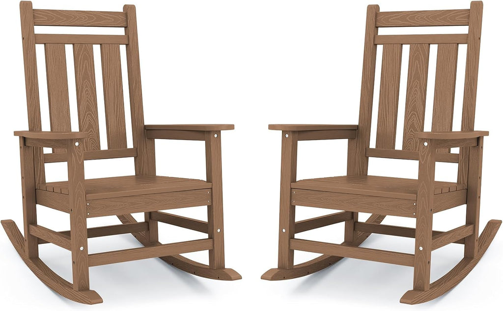 KINGYES Oversized Outdoor Rocking Chair Set of 2, All-Weather Patio Rocking Chairs for Porch, HDPE Outdoor Patio Rockers with High Back & Wide Seat for Garden, Lawn, Brown