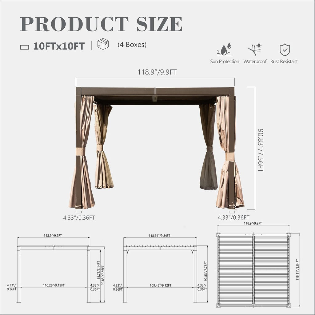 Domi 10'x10' Aluminum Louvered Pergola Outdoor Pergola with Adjustable Roof Sun Shade Gazebo with Gutter System for Backyard Garden Deck (Dark Brown)