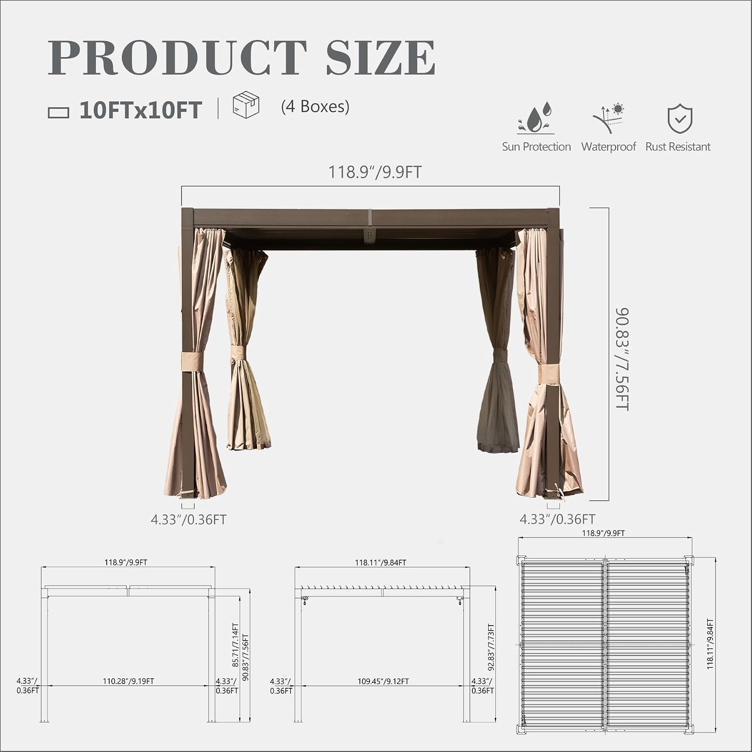 Domi 10'x10' Aluminum Louvered Pergola Outdoor Pergola with Adjustable Roof Sun Shade Gazebo with Gutter System for Backyard Garden Deck (Dark Brown)