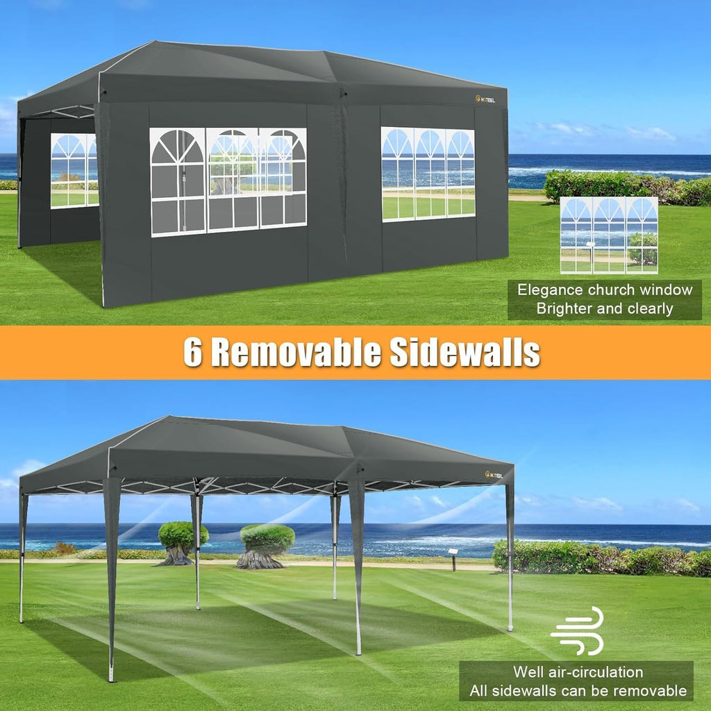 HOTEEL 10x20 Pop up Canopy Tent with 6 sidewalls Easy Up Commercial Outdoor Wedding Party Tents for Parties All Season Wind & Waterproof Gazebo Bag, Gray (Upgraded)