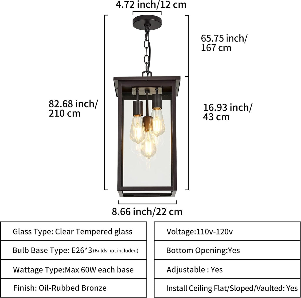 3-Light Outdoor Indoor Chandeliers,Oil Rubbed Bronze Pendant Light with Clear Glass Shade,Exterior Hanging Lantern for Front Porch Entrance Foyer Entryway (Bulb Not Included)