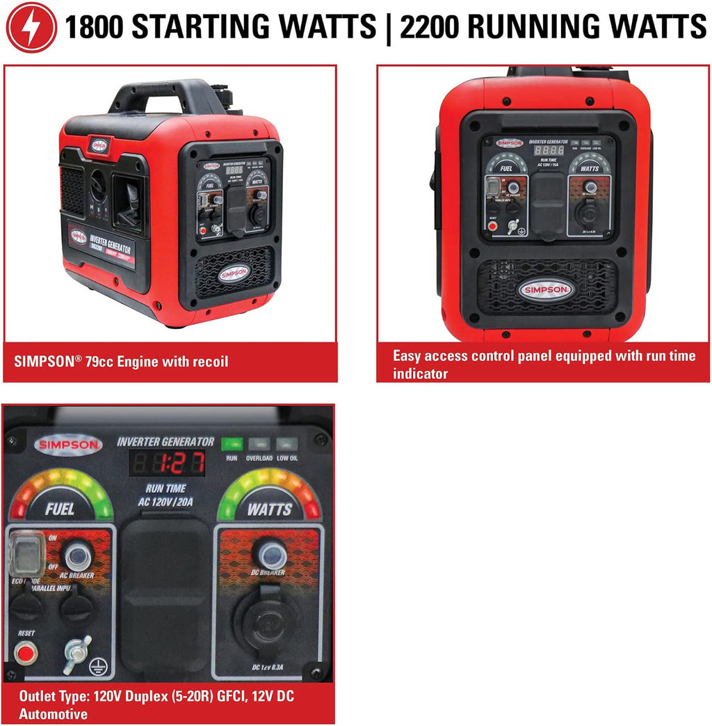 SIMPSON Cleaning SIG2218 Portable Gas Inverter Generator Power Station for Camping, RV, Home Use, Construction, and More, 2200 Starting Watts 1800 Running Watts