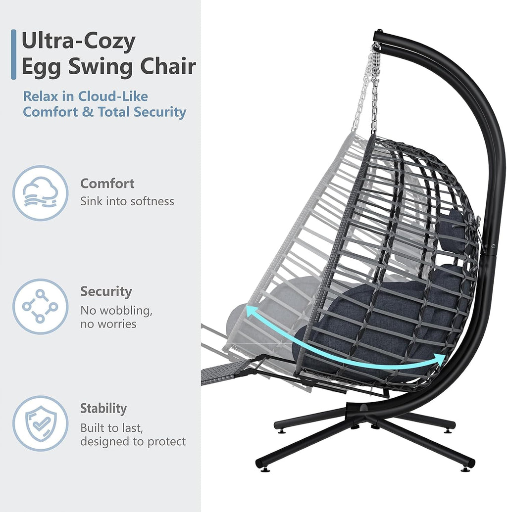 SWITTE Double Egg Swing Chair with Stand & Footrest, Outdoor Patio 2 Person Hanging Wicker Hammock Chairs with Cushion for Indoor Bedroom, Lawn, Garden-Heather Gray