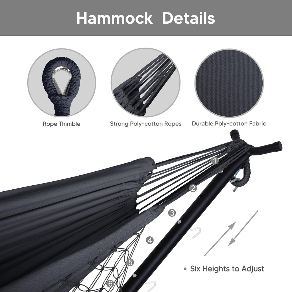 SUNCREAT 2-in-1 Hammocks Convertible Portable Double Hammock with Stand Included, Outdoor Hammock and Stand, Patented, Dark Grey with Tassel
