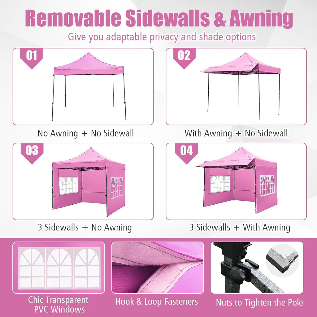 Tangkula 10x10 FT Pop Up Canopy, Outdoor Tent with 3 Sidewalls & Awning, Wheeled Bag, 4 Sandbags, 8 Stake, 4 Ropes, Portable Canopy Tent for Party Picnic Event Beach Camping (Pink)