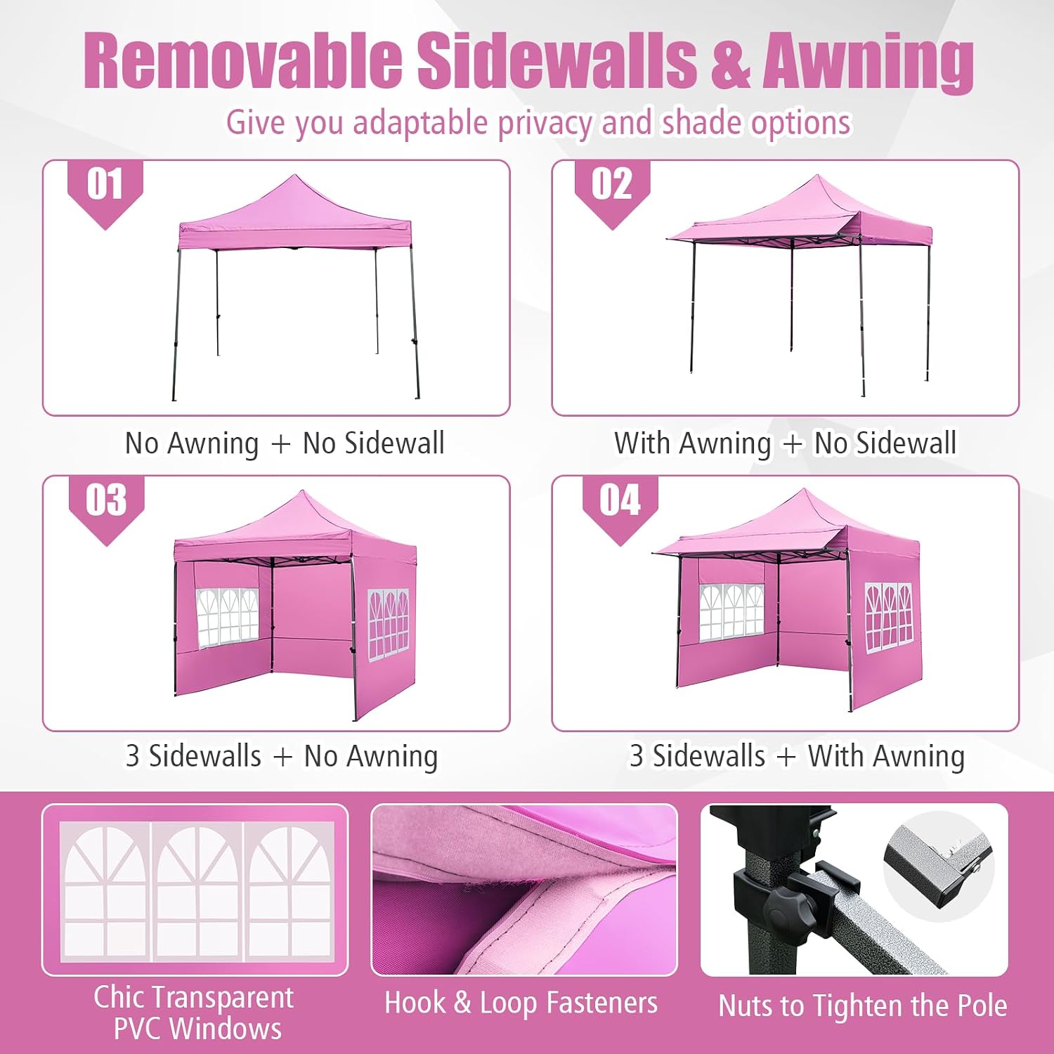 Tangkula 10x10 FT Pop Up Canopy, Outdoor Tent with 3 Sidewalls & Awning, Wheeled Bag, 4 Sandbags, 8 Stake, 4 Ropes, Portable Canopy Tent for Party Picnic Event Beach Camping (Pink)