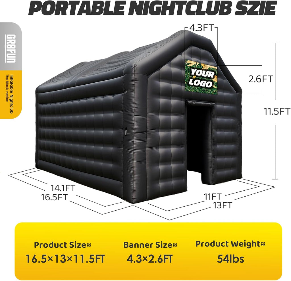 Small Inflatable Nightclub Tent 16.5x13x11.5Ft with Blower, Oxford Fabric Black Party Tent, Gazebo Event House for Backyard, Birthday, Rental Use