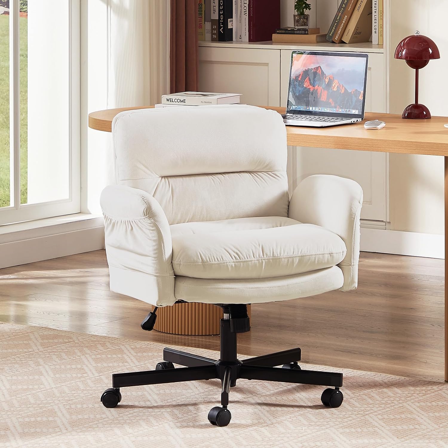Bestier Criss Cross Chair with Flip-Up Armrests, Swivel Makeup Vanity Chair with Wheels & Side Pockets, Cross Legged Office Chair for Home Office, Bedroom, Beige Velvet