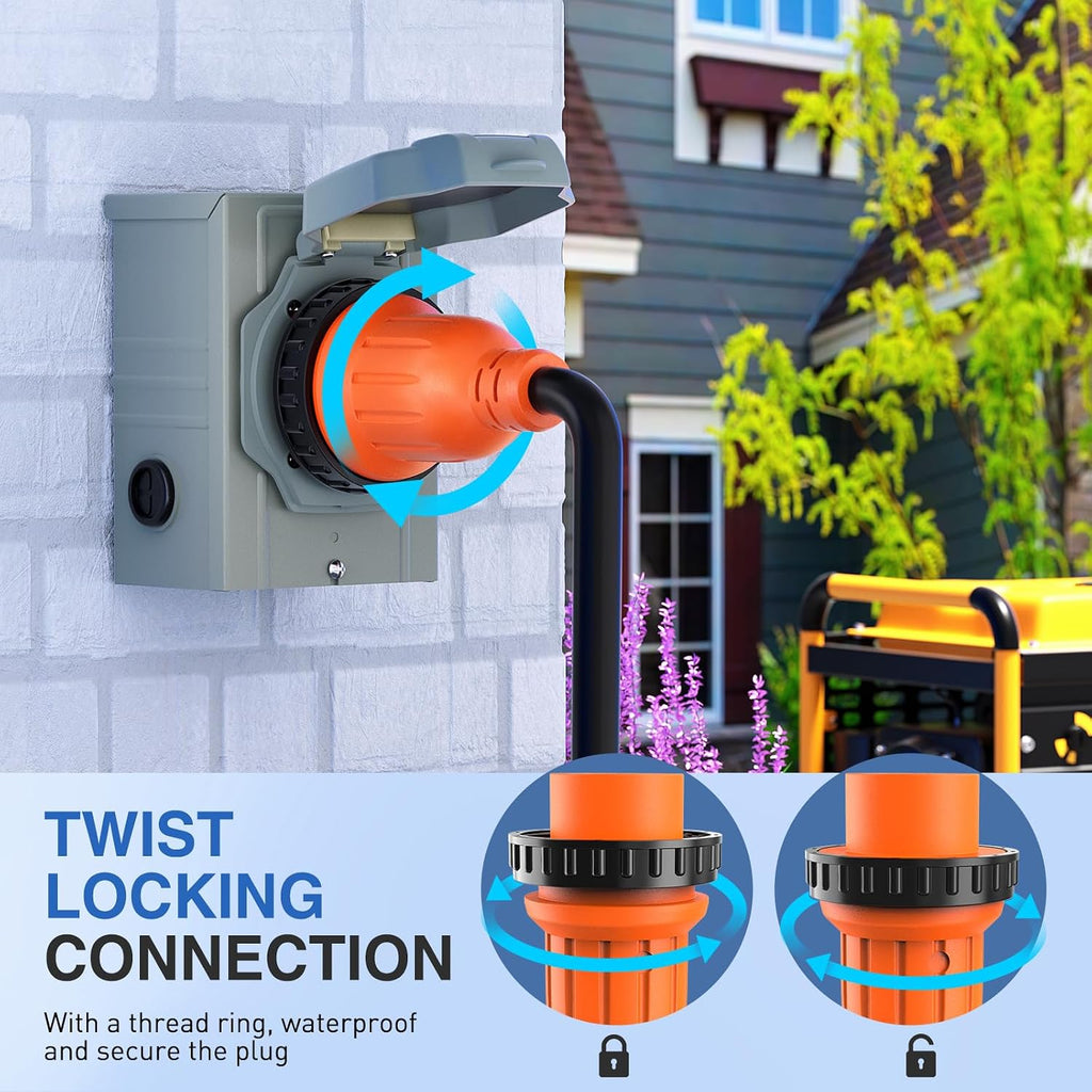 Nilight 30A 50FT Generator Extension Cord Power Inlet Box with Locking Connector 125/250V 7500W 10 Gauge STW ETL Listed 4 Prong L14-30P L14-30R Cable for RV Outdoor Use