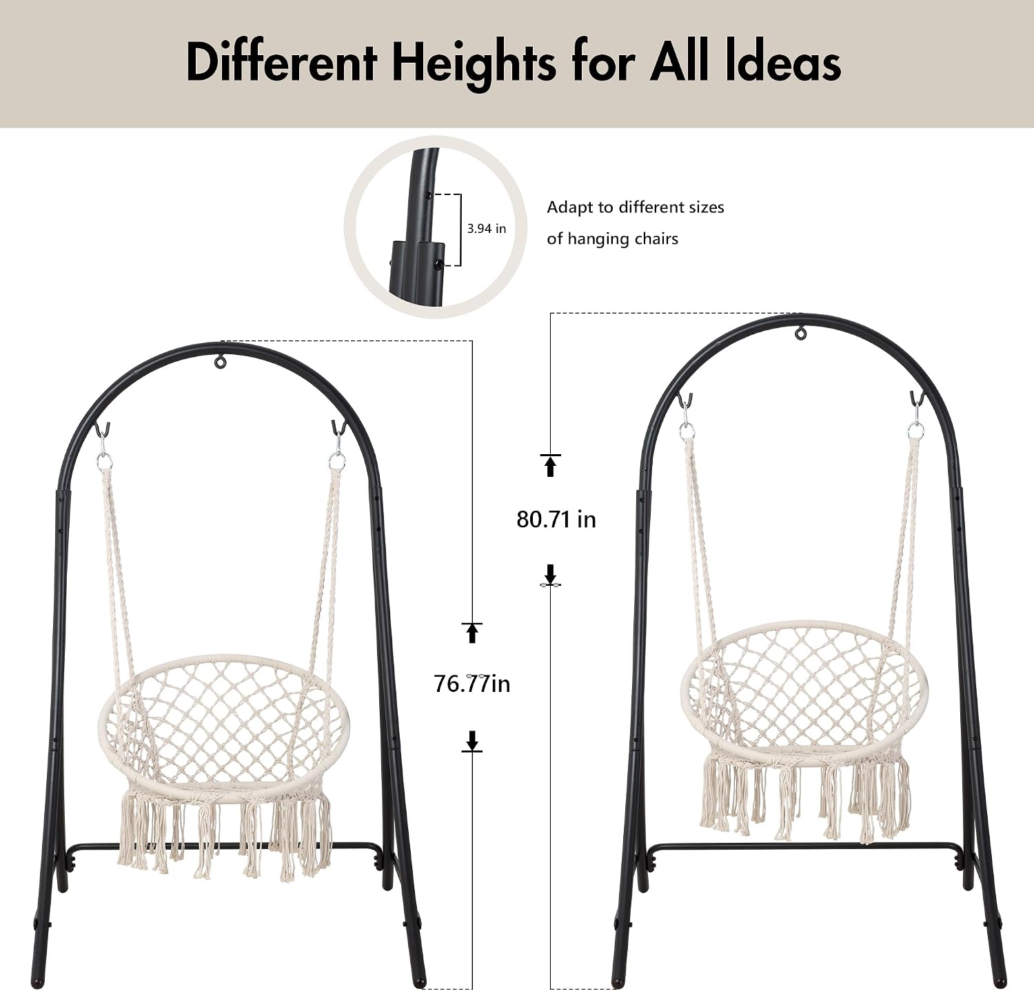 ANOW Adjustable Hammock Chair Swing Stand Only, Heavy Duty Hanging Chair Stand with Safety Hooks for Indoors Outdoors, Max 400 Lbs, Plus Size Version, Black
