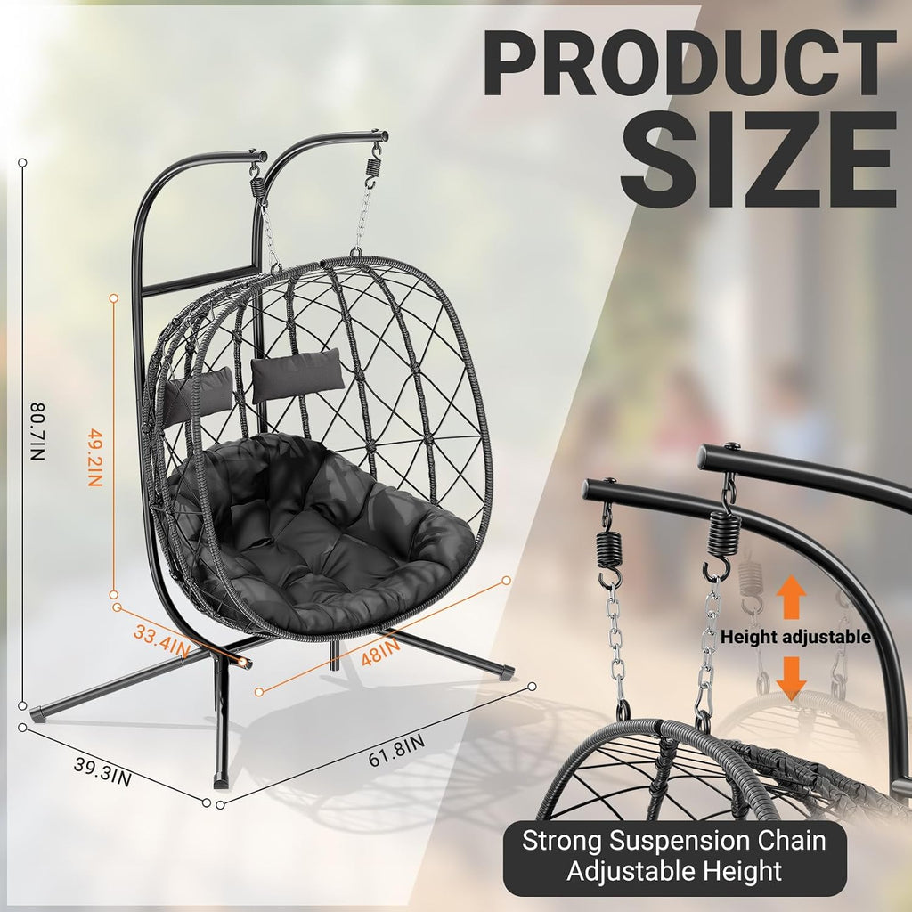 LEVELEVE Double Egg Swing Chair with Stand - 2 Person Outdoor Patio Hanging Wicker Hammock Chair with Cushion, Dark Grey, for Garden, Lawn, Bedroom, Indoor/Outdoor Use