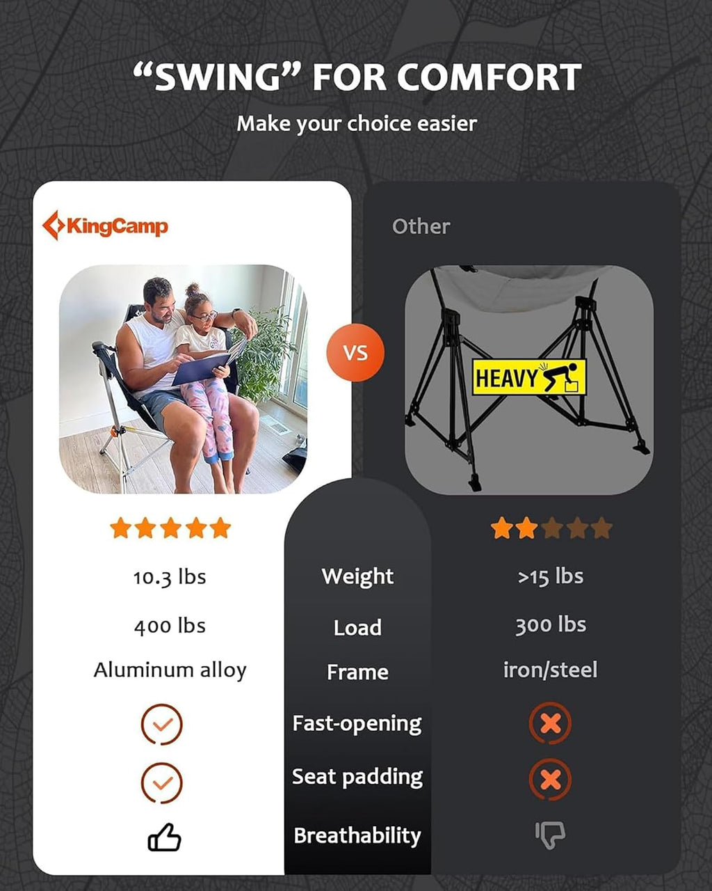 KingCamp Hammock Camping Chair, Swinging Portable Camp Chairs for Adults, 400lbs Heavy Duty Oversized Folding Rocking Chair with Adjustable Recline, Aluminum Alloy Frame for Outdoor Patio Beach Sport
