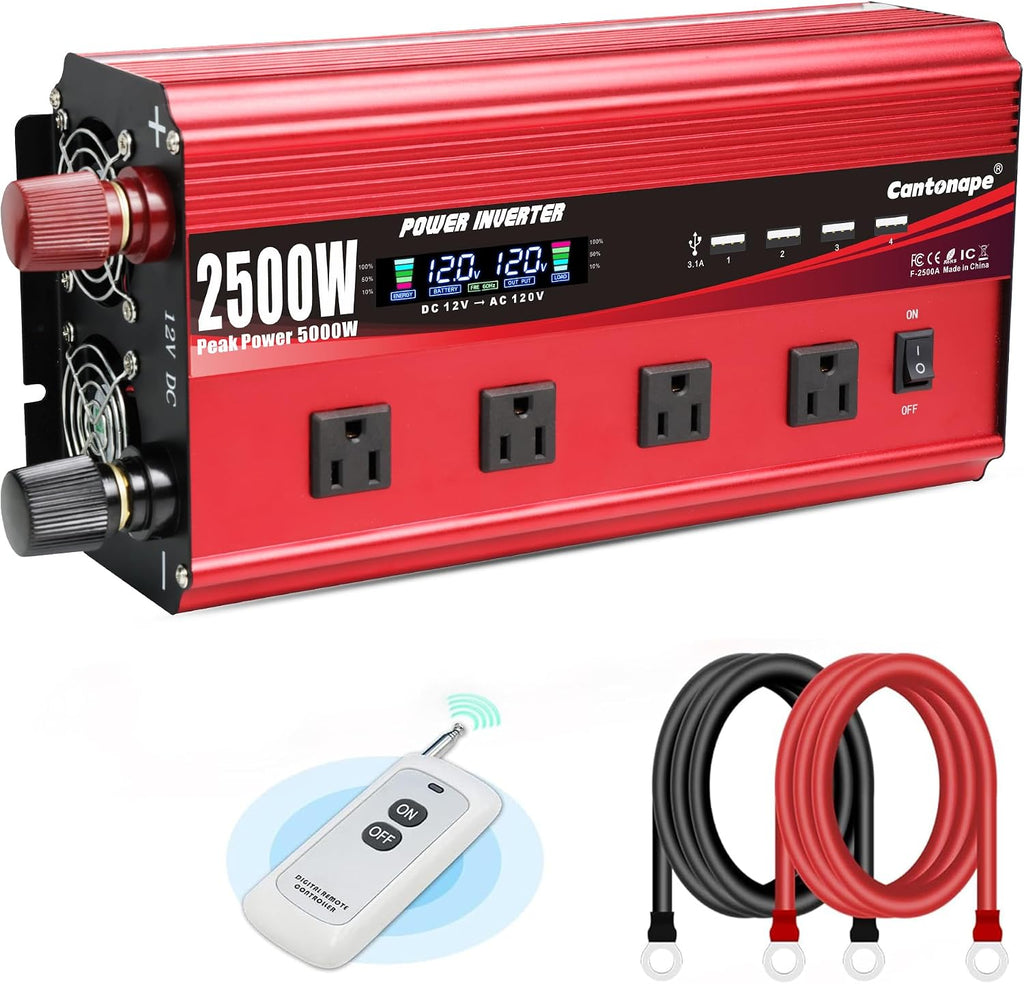 Cantonape 2500W Power Inverter 12V to 110V/120V DC to AC with LCD Display, Remote Controller 4 x AC Outlets and 4 x 3.1A USB Car Adapter for Car Truck Boat RV Solar System