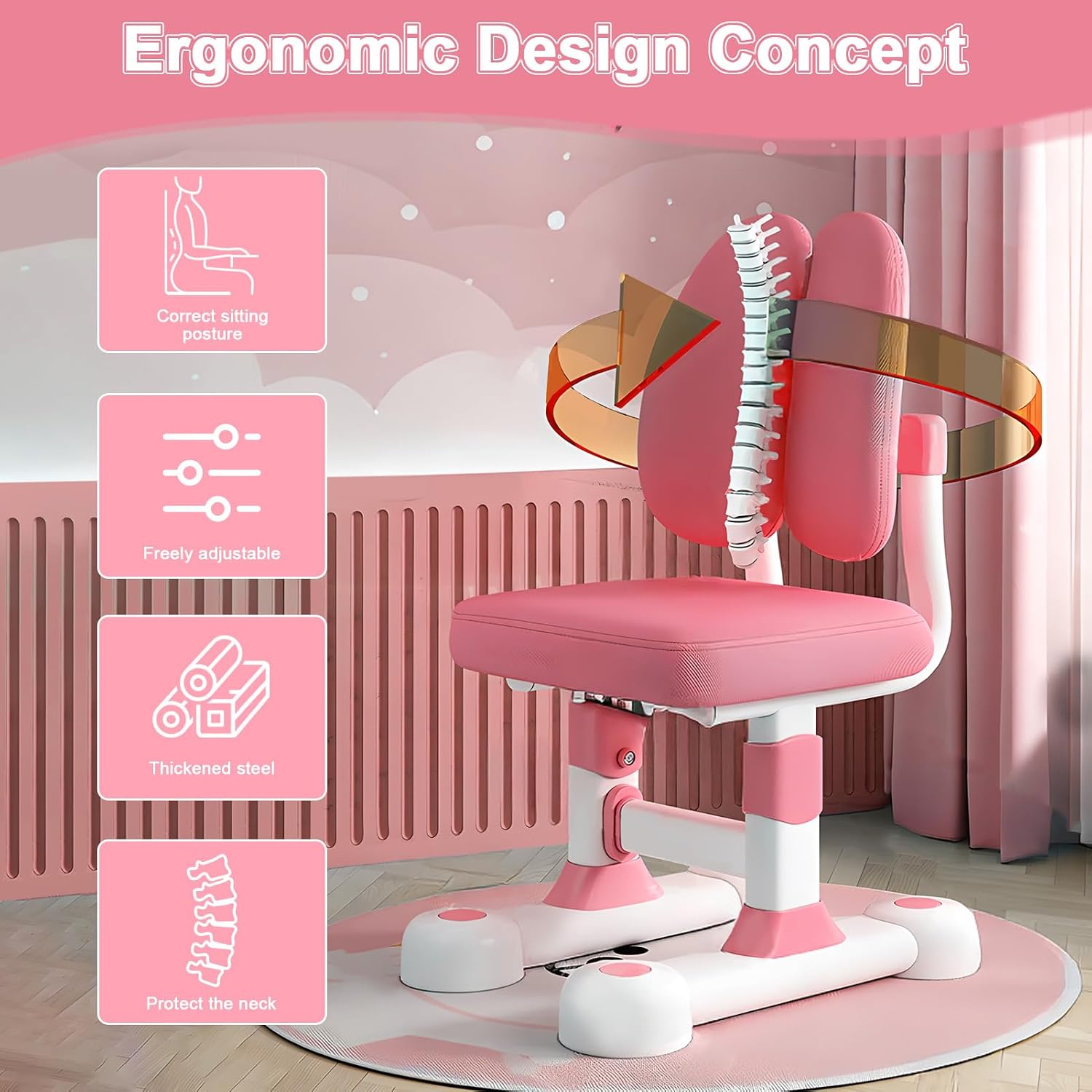 Kids Desk and Chair Set, Ergonomic Height Adjustable Kids Desk with Cartoon Pattern, Widened and Tilt Desktop, Book Stand, Steel Hook and Storage Drawer for Boys & Girls 3+ (Pink 1)