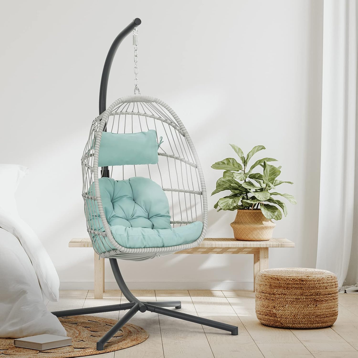 Egg Hanging Chair with Stand Hammock Egg Chair Indoor Outdoor, Wicker Rattan Hanging Swing Chair Basket Egg Chair Aluminum Steel Frame and UV Resistant Cushion for Bedroom Garden Backyard Light Blue