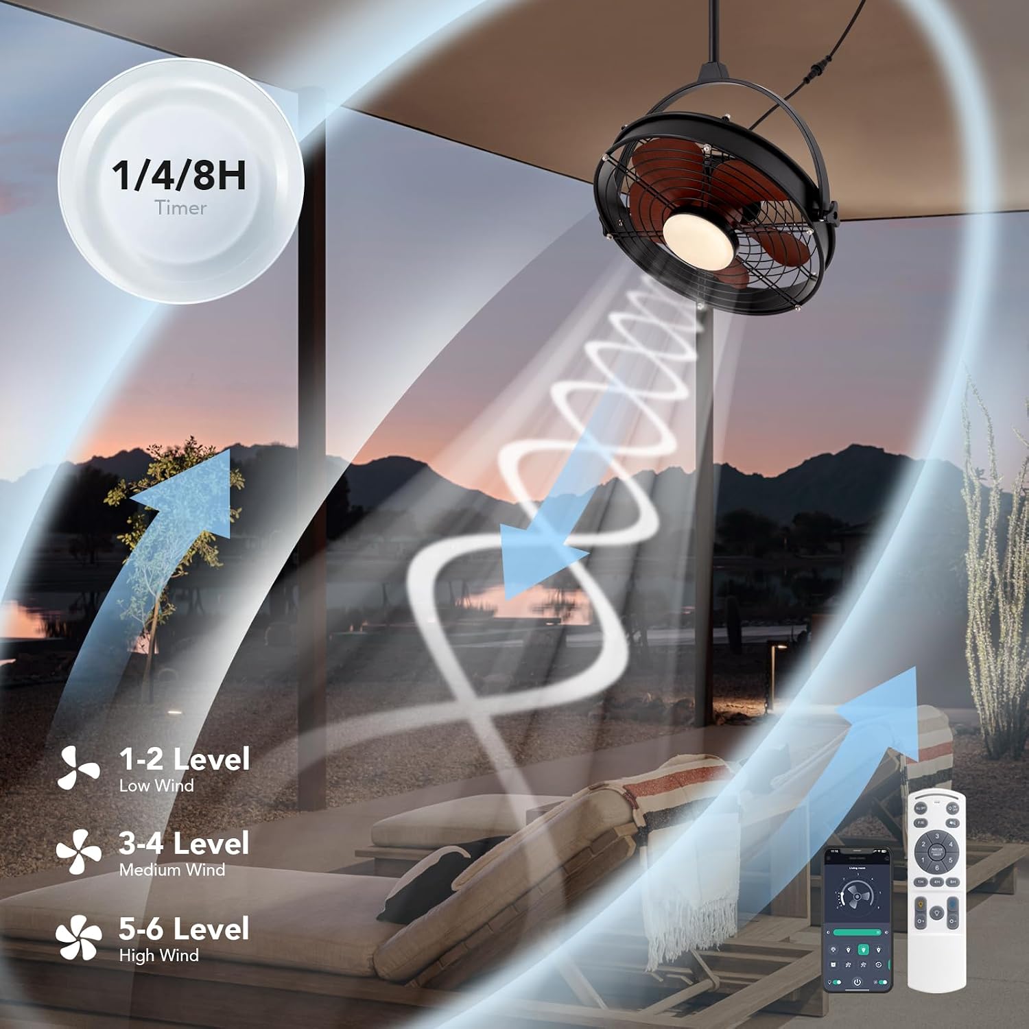 25 Inch Outdoor Ceiling Fan with Lights and Remote, Waterproof Gazebo Hanging Fan with 3CCT Dimmable, Black Plug in Caged Ceiling Fan for Patios Porch Pergola,Canopy