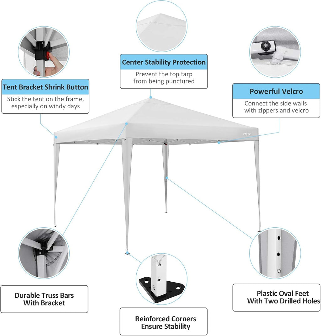 COBIZI 10'x10' Pop Up Canopy Tent Straight Leg Commercial Instant Canopy Pop Up Canopy with Sidewalls Outdoor Sun Shade Event Tent for Camping Garden Party Beach, Canopy Bags x1, (Off White)