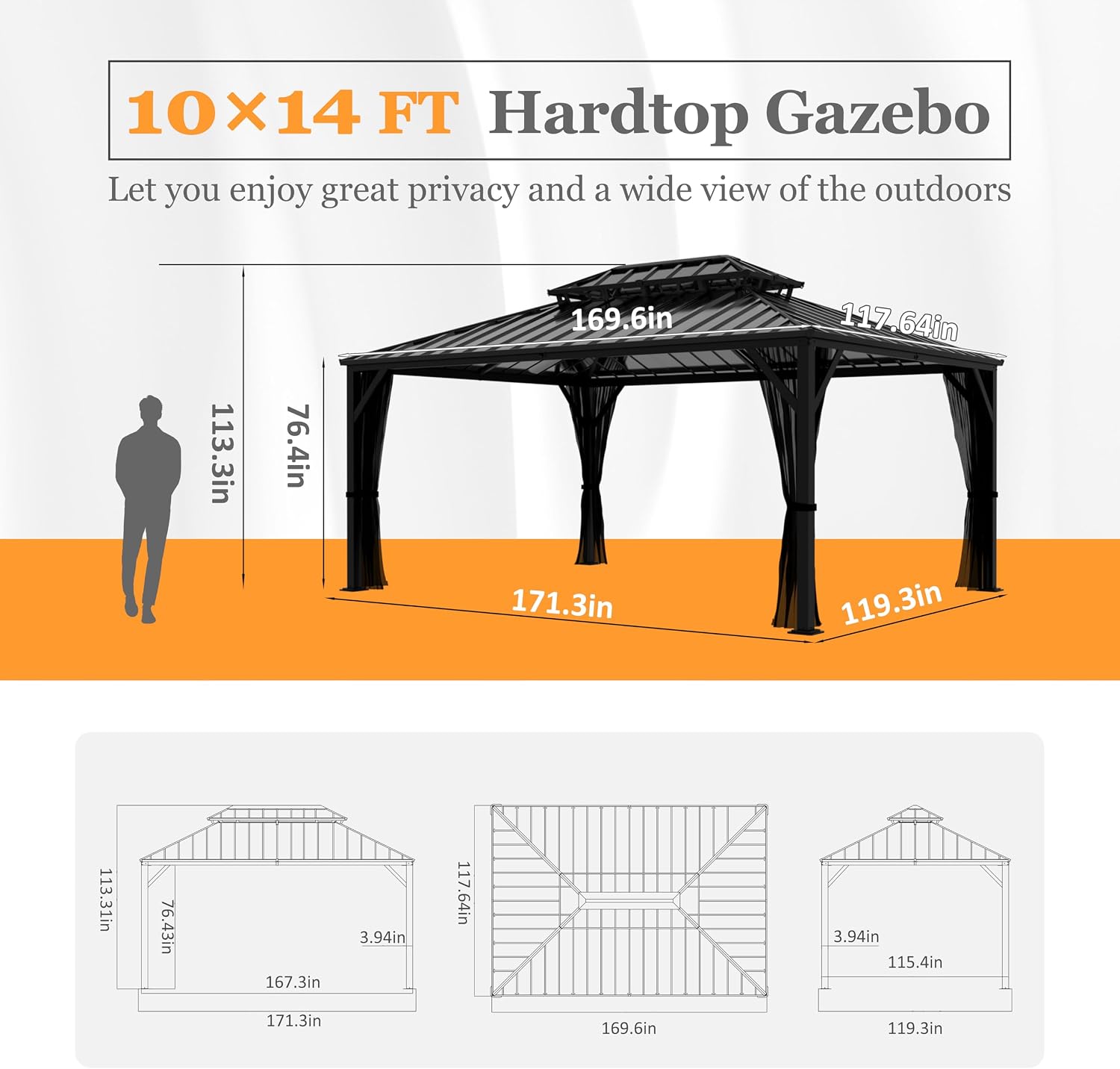 MUPATER 10' X 14' Outdoor Hardtop Gazebo, Permanent Metal Gazebo with Galvanized Steel Double Roof, Patio Pavilion with Netting for Garden, Lawn and Backyard Party, Black