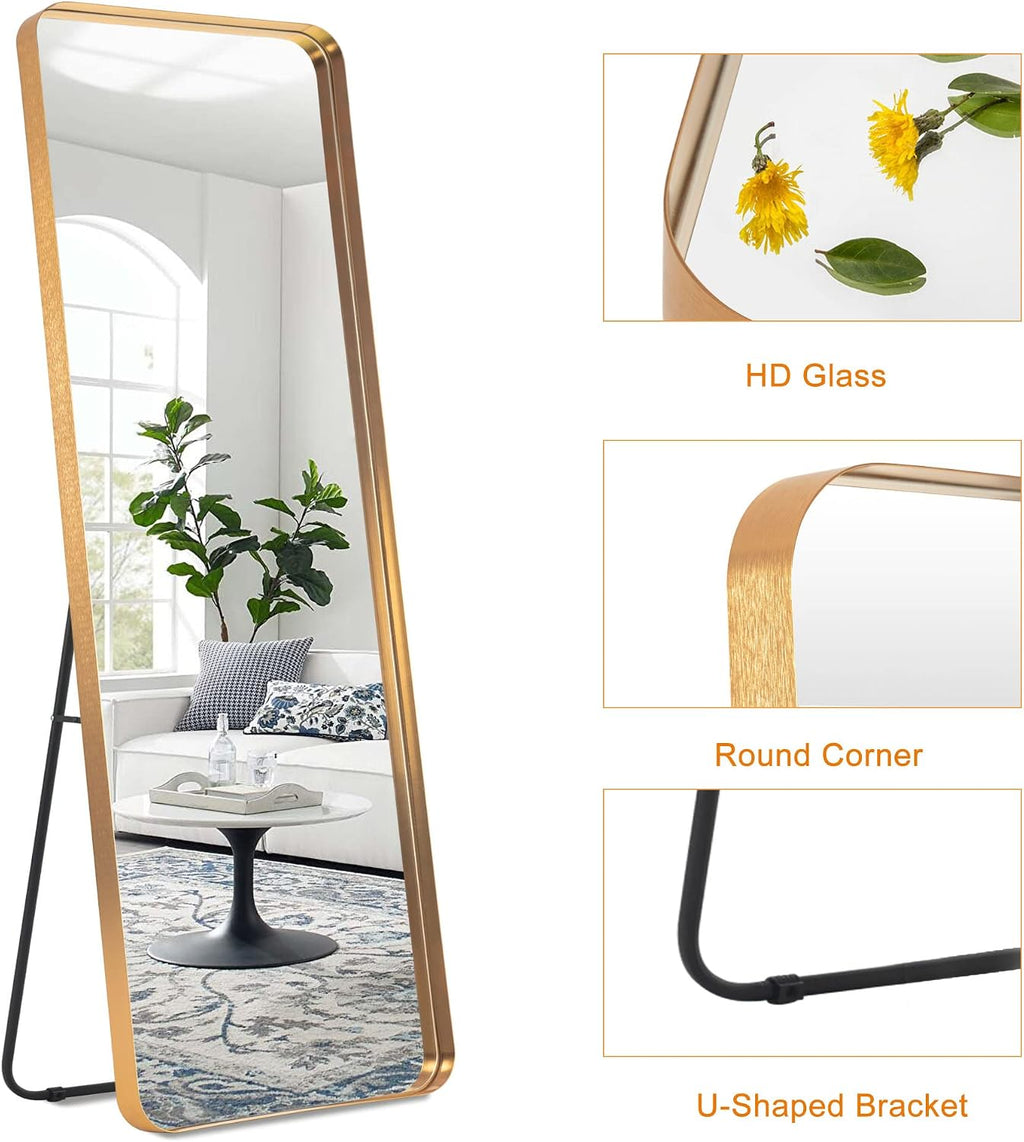 NeuType Full Length Mirror, 63'x20' Floor Mirror Full Body Dressing Mirror Round Corner, Hanging or Leaning Against Wall Large Rectangle Wall Mounted Deep Set Aluminum Alloy Frame for Bedroom, Gold