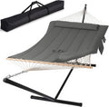 SUNCREAT Double Outdoor Hammock with Stand, Carrying Bag, Two Person Cotton Rope Hammock with Polyester Pad, Dark Gray