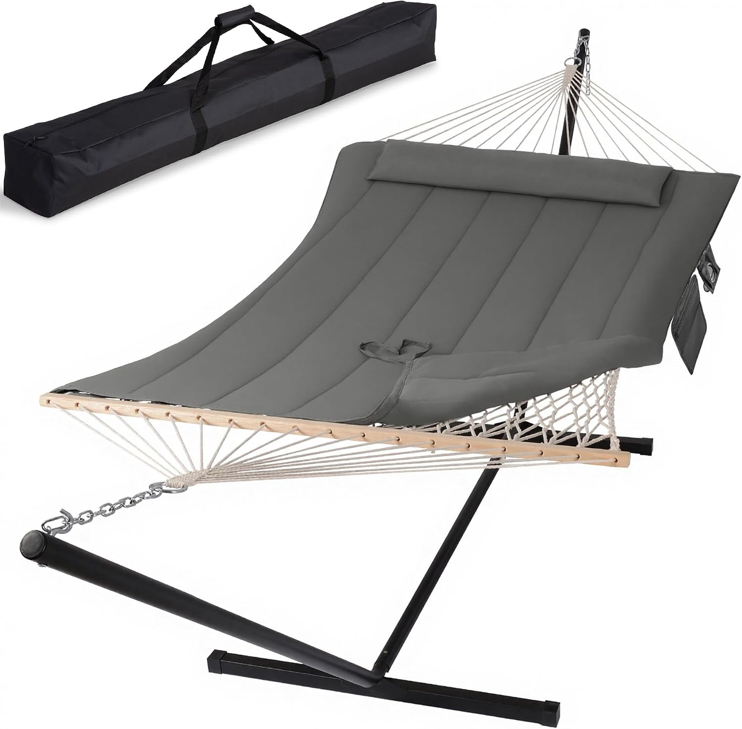 SUNCREAT Double Outdoor Hammock with Stand, Carrying Bag, Two Person Cotton Rope Hammock with Polyester Pad, Dark Gray