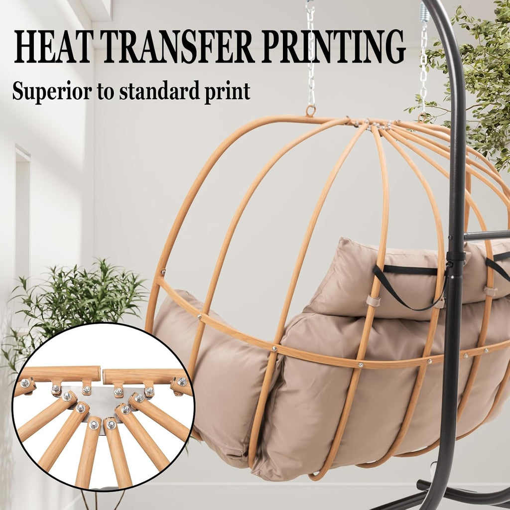 Oversized Egg Chair Outdoor, Double Egg Chairs with Stand, Round Hanging Chair with Stand, 600Lbs Sturdy Loveseat Swinging Egg Chairs for Balcony, Patio, Deck, Brown