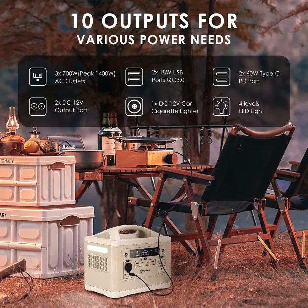 RAINBOW Portable Power Station 700W, 537Wh Backup LiFePO4 Battery, Solar Generator for Outdoor Camping, 3 x 110V/700W(Peak 1400W) AC Outlets, Quick Charge for Home, Hiking