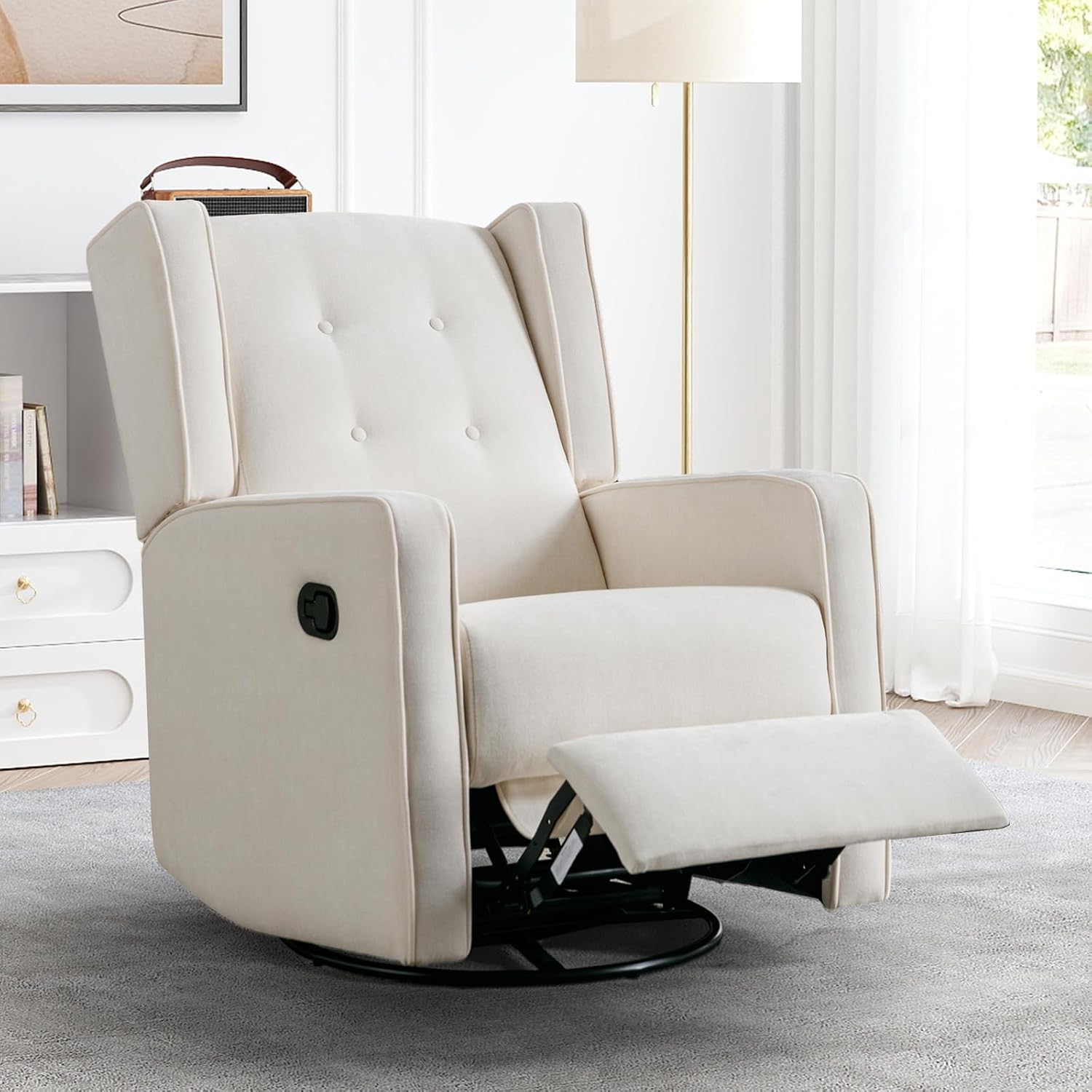 CANMOV Swivel Rocker Recliner Chair, Rocking Chair Nursery Glider Recliner, Manual Glider Chair for Nursery, White
