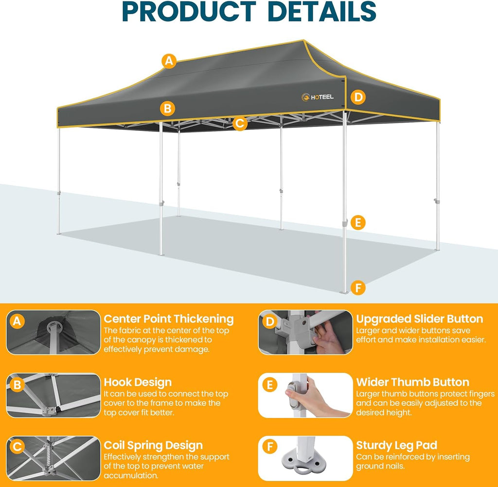 Hoteel 10x20 Pop Up Canopy Tent Heavy Duty with 6 Sidewalls, Waterproof Party Tent, Easy Set-up Commercial Instant Tents with Roller Bag & Sandbags, Hexagonal Leg (1-Year Warranty)