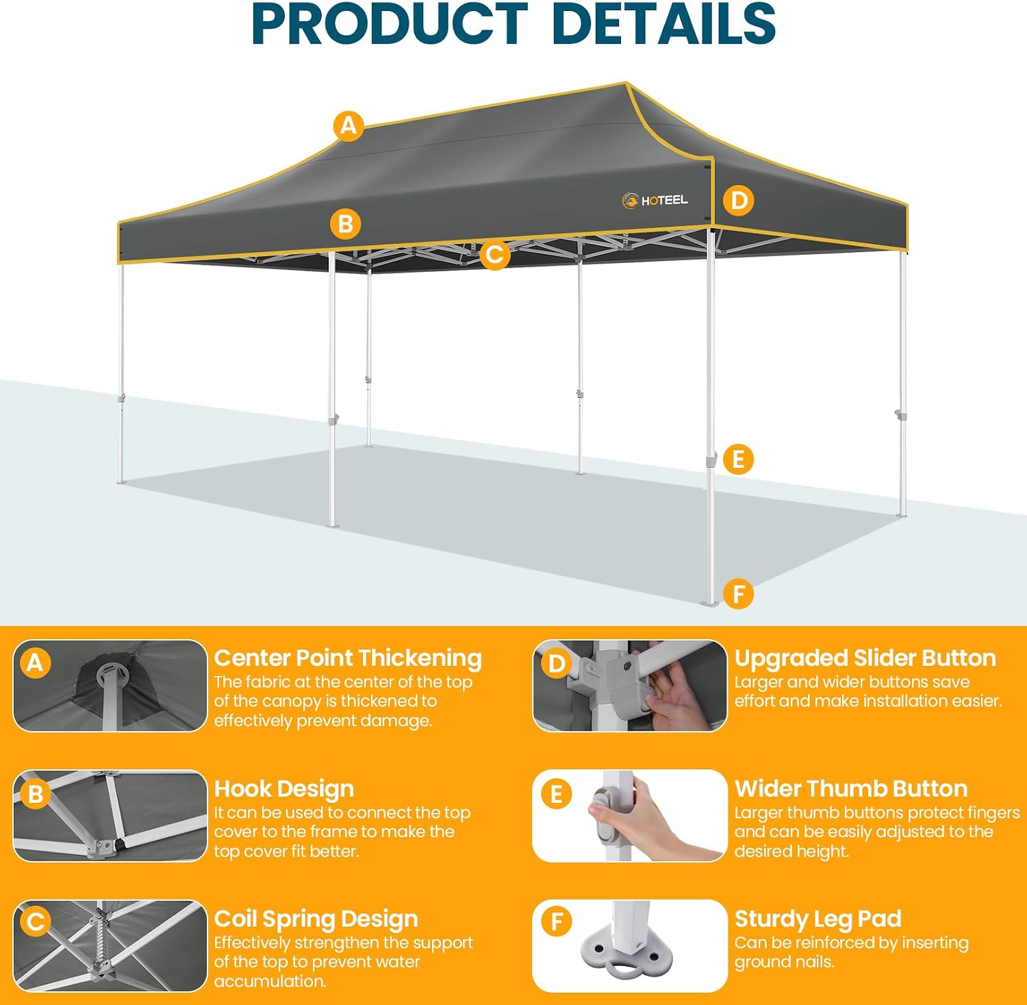 Hoteel 10x20 Pop Up Canopy Tent Heavy Duty with 6 Sidewalls, Waterproof Party Tent, Easy Set-up Commercial Instant Tents with Roller Bag & Sandbags, Hexagonal Leg (1-Year Warranty)