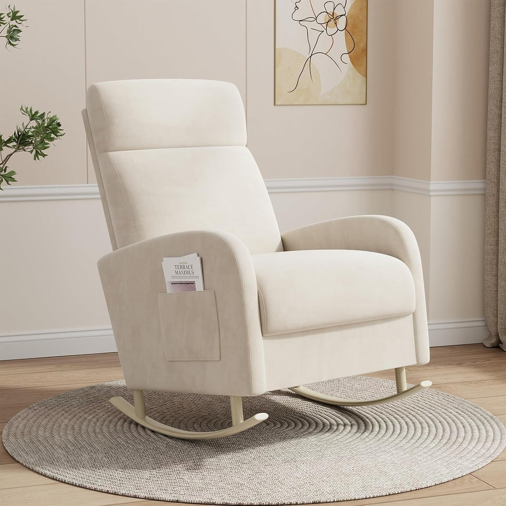 HIPIHOM Rocking Chair Nursery, Upholstered Glider Chair with Side Pocket, Modern Nursery Chair with High Backrest and Rubber Metail Legs, Accent Armchair for Living Room Bedroom Indoor (Beige Velvet)