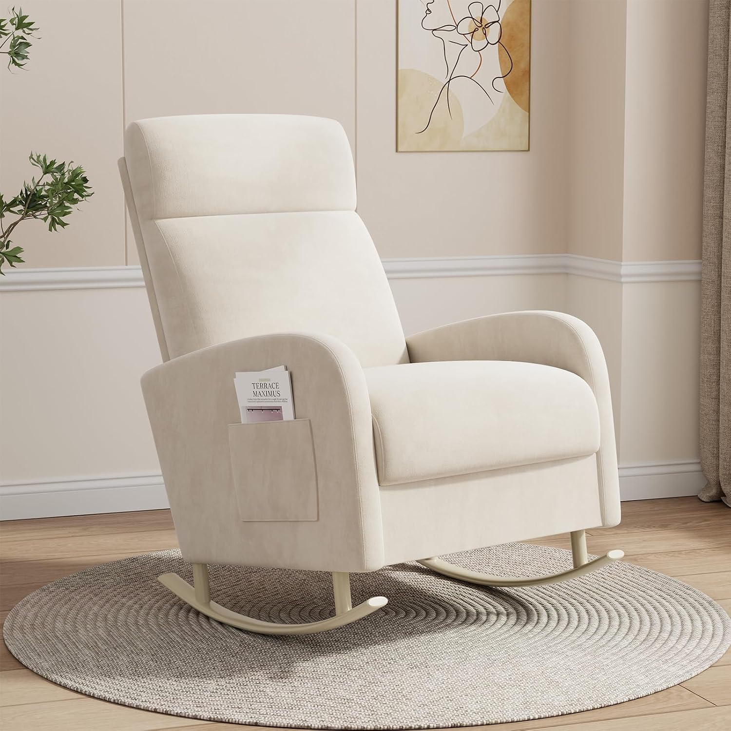 HIPIHOM Rocking Chair Nursery, Upholstered Glider Chair with Side Pocket, Modern Nursery Chair with High Backrest and Rubber Metail Legs, Accent Armchair for Living Room Bedroom Indoor (Beige Velvet)