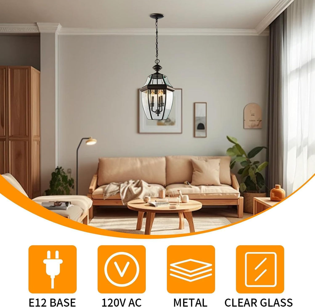 Large Outdoor Pendant Light Fixture 3-Light, 20in Modern Bronze Outdoor Chandelier Hanging Porch Light, Metal Exterior Ceiling Mount Hanging Lantern with Clear Glass for Front Door, Entrance, Gazebo
