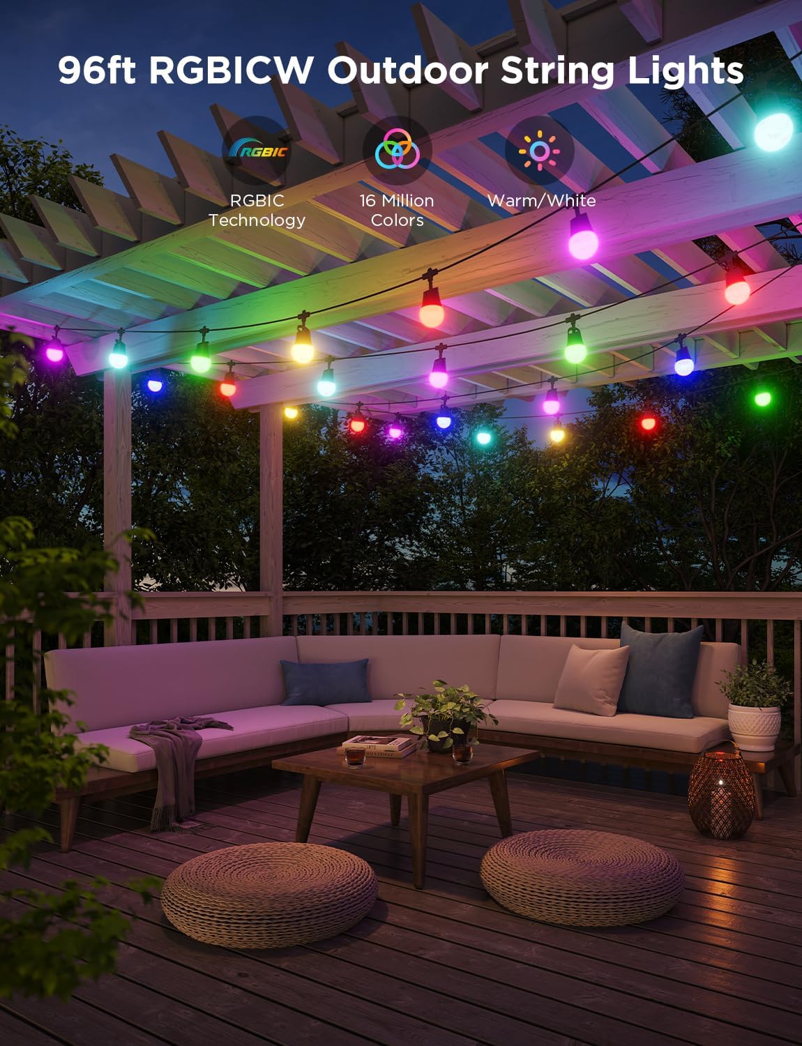 Govee Smart Outdoor String Lights 2, 96ft RGBIC Outdoor Lights with Dimmable Warm White LED Bulbs, 47 Scene Modes for Patio, Backyard, IP65 Waterproof, Compatible with Alexa, App Control