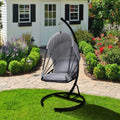 Foldable Hanging Chair Swing Hammock Egg Chair PE Rattan Wicker Seat w/Padded Cushion Headrest Pillow Canopy for Outdoor, Indoor, Grey