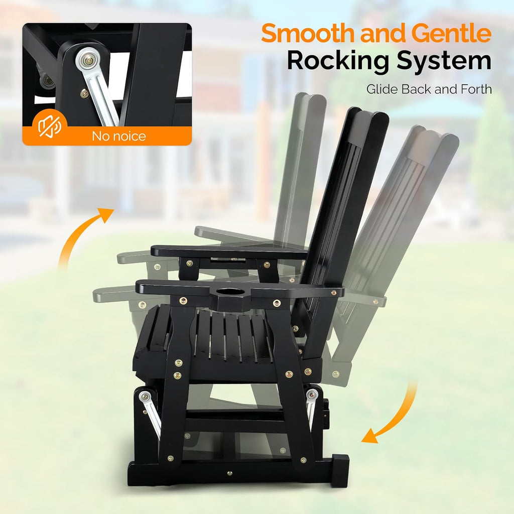 VINGLI Outdoor Glider Chair Wood Patio Glider with Cup Holder, Porch Glider with Smooth Rocking Mechanism, Heavy Duty 600 LBS, Black