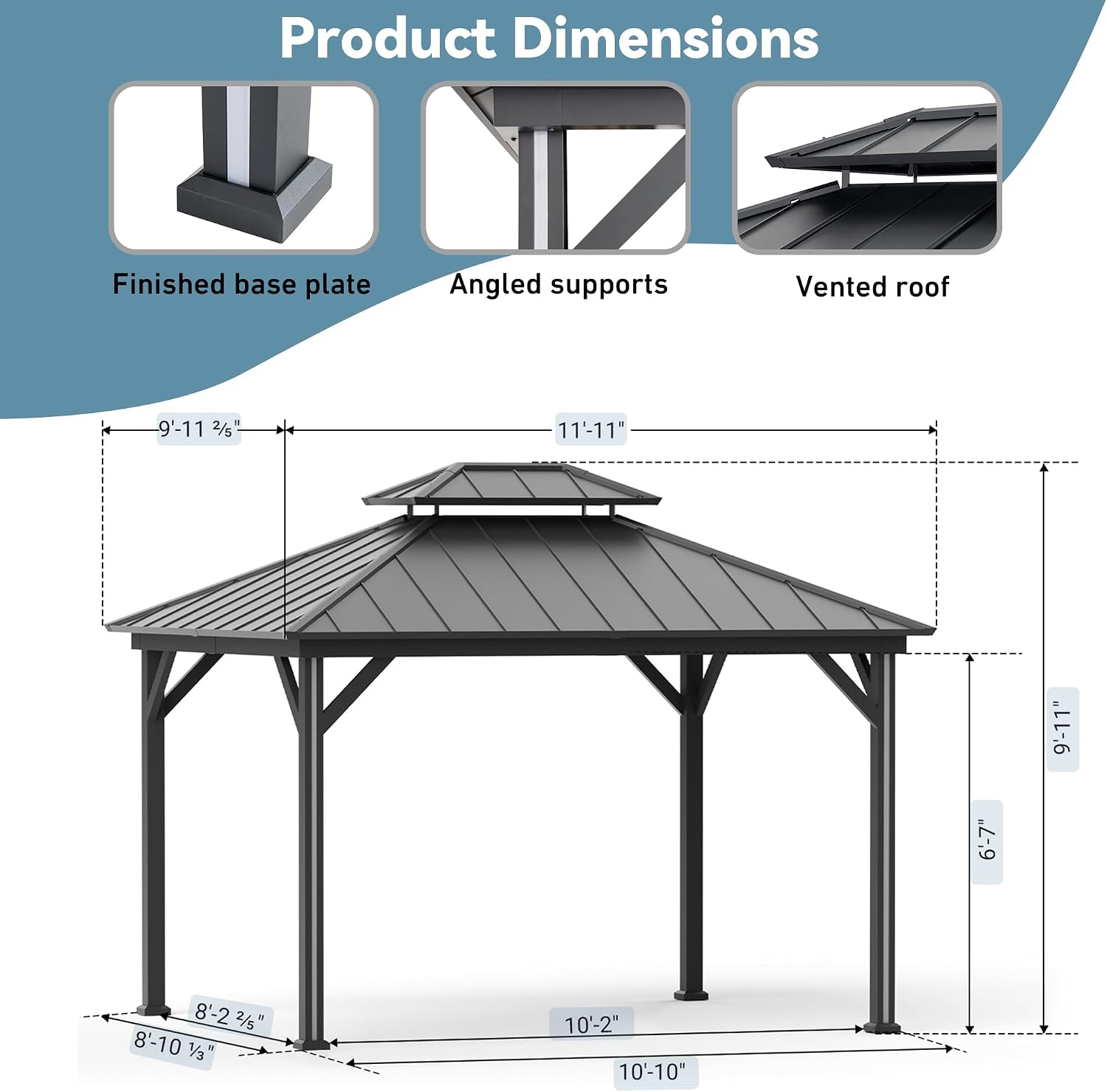 Big Leaf 10' x 12' Hardtop Gazebo with LED Strip Lights – Galvanized Steel Double Roof, USB and USB-C connectors, Mosquito Netting and Curtains – Outdoor Metal Gazebo for Decks and Backyards, Black