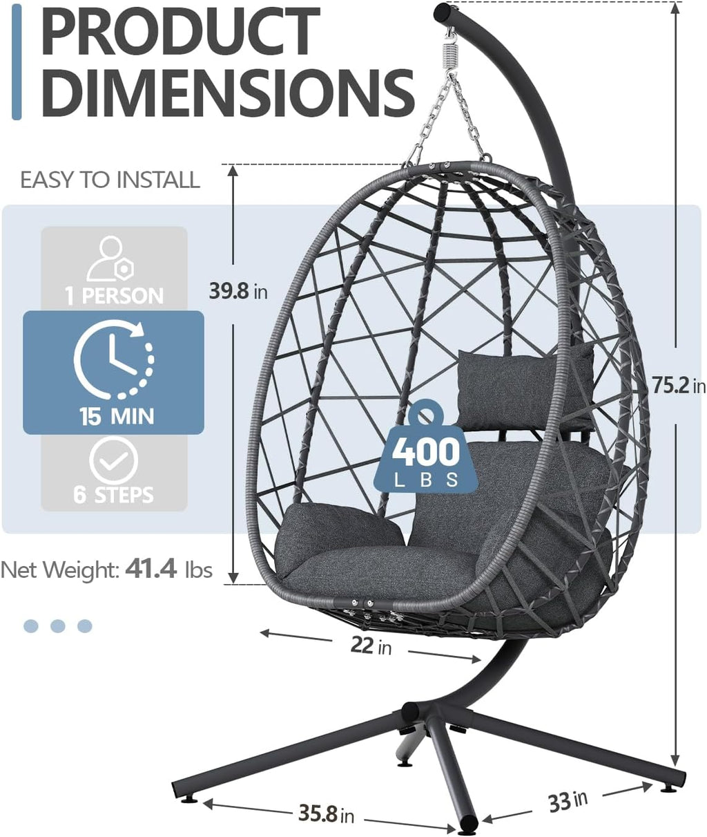 SWITTE Hanging Egg Chair with Stand, Outdoor Indoor Rattan Wicker Egg Swing Chair with Cushion, Heavy Duty Patio Hammock Chairs for Garden Backyard Balcony Bedroom, 400LBS Capacity, Dark Grey