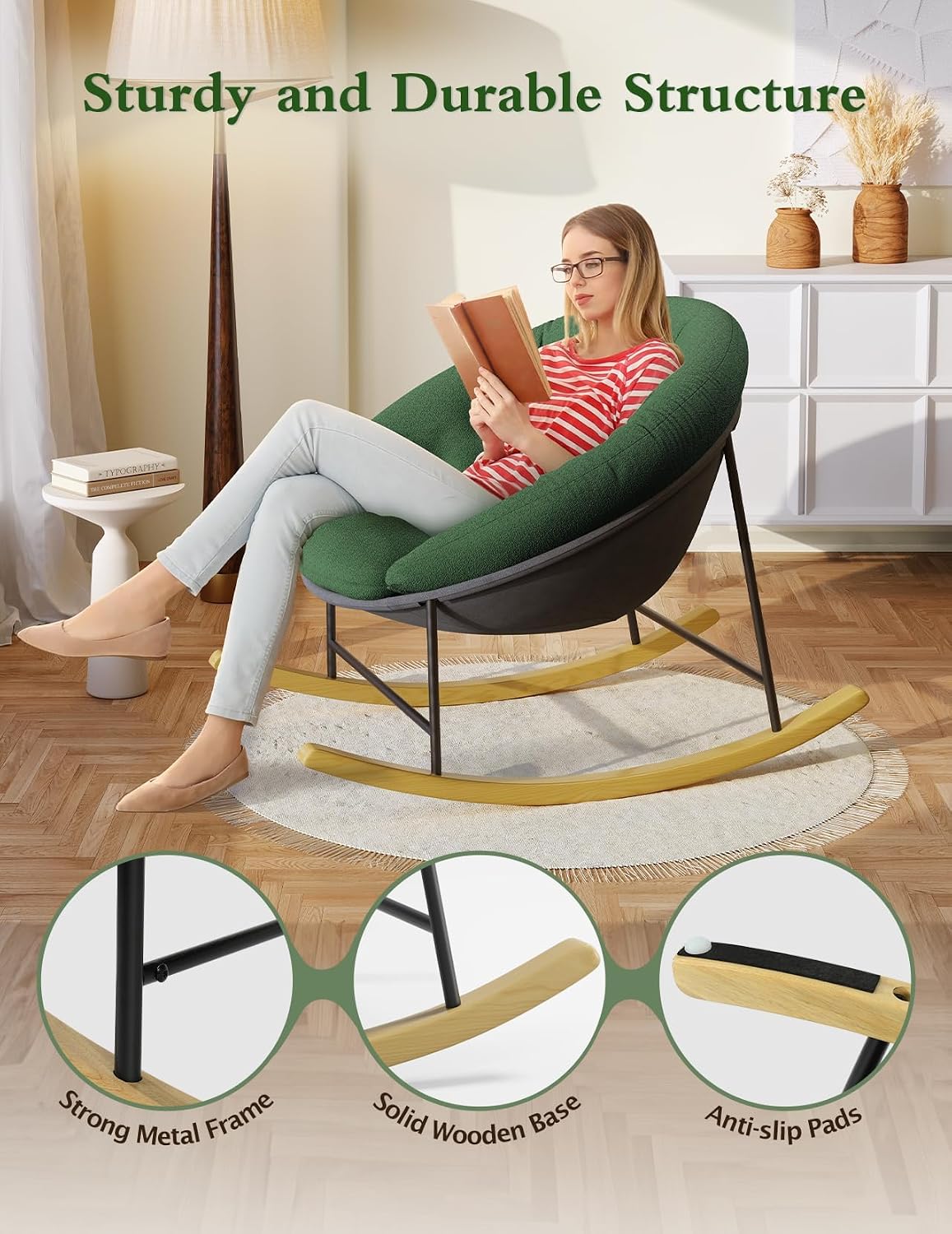Kidirect Wide Rocking Chair Nursery, Comfy Saucer Nursery Rocking Chairs with Removable Cushion, Indoor Papasan Nursing Chair for Breastfeeding, Mecedora Para Adultos for Living Room & Bedroom (Green)