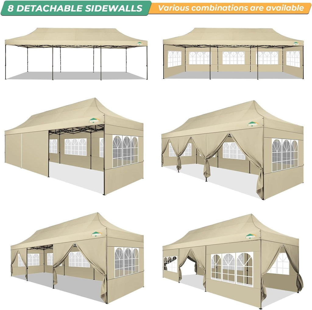 COBIZI Heavy Duty 10x30 Party Tent, Commercial 10x30 pop up Canopy for Parties Waterproof Gazebos with 8 Sidewalls, All Season Wind & Waterproof UPF50+,Stable Thickened Frame, Khaki